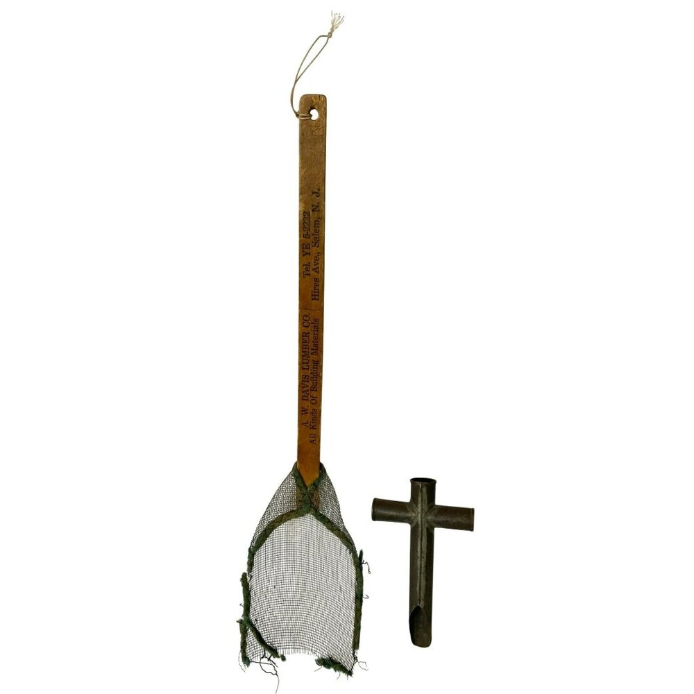 Advertising Fly Swatter & Metal Apple Corer Antique Kitchen Tool Vintage Wooden